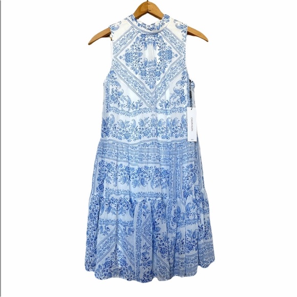 Calvin Klein Dresses & Skirts - Calvin Klein mock neck tie-Blue and White Sleeveless Dress
